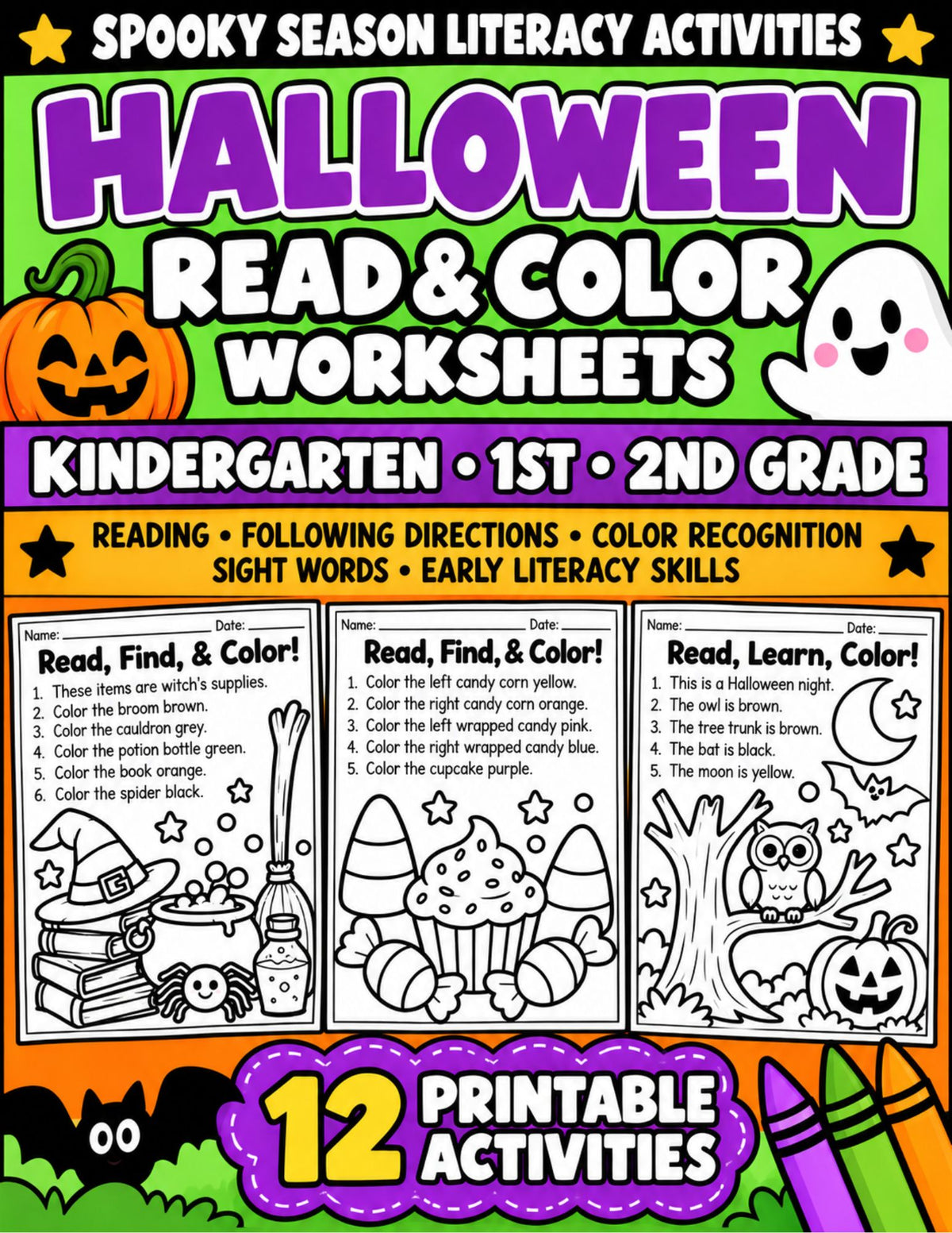 Halloween Read and Color Worksheets | K-2
